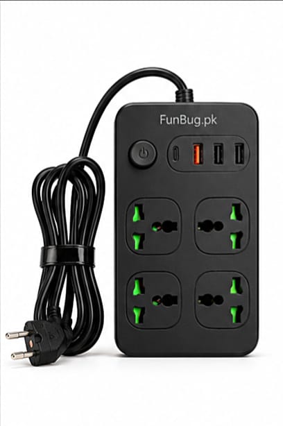 【2500W】 Smart Universal Power Extension Board Lead - 4 Power Sockets + 3 USB Ports + 1 Type-C Fast Charging - 1.5 Meters Heavy Duty Long Copper Wire - Multi-Purpose Three Shoe Power Strip Cord for PC, Home & Travel.